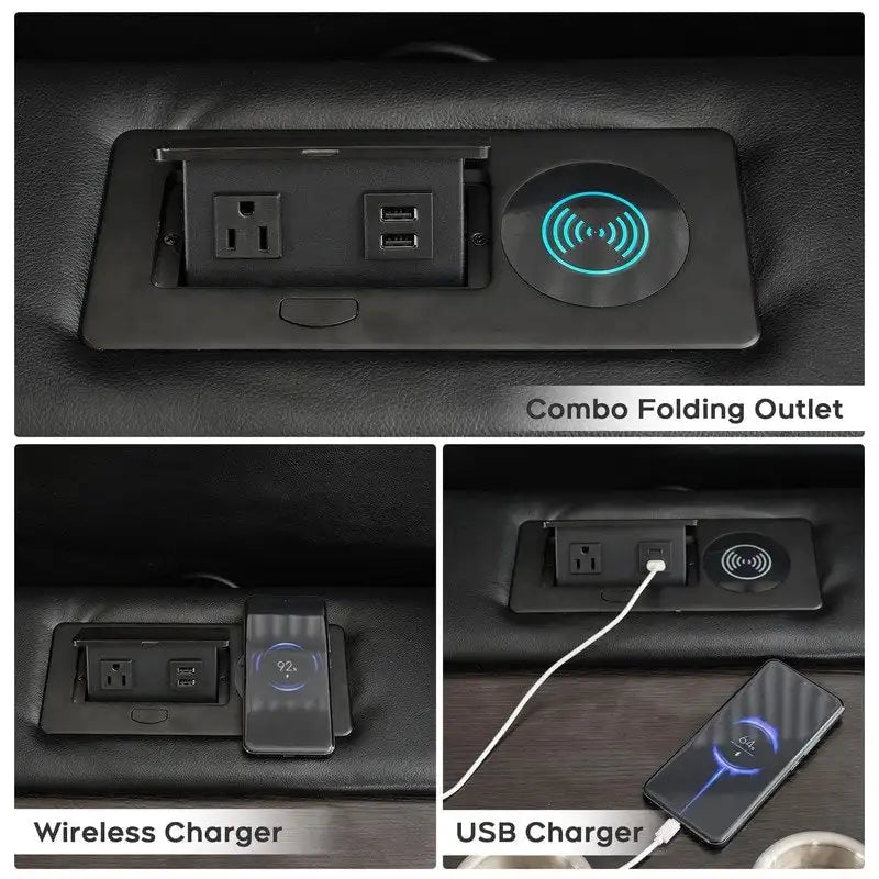 Ensemble de canapés inclinables électriques 6 places avec gravité zéro, haut-parleur de basses, chargeur sans fil, ports USB/Type-C, lumières LED, porte-gobelets, gris