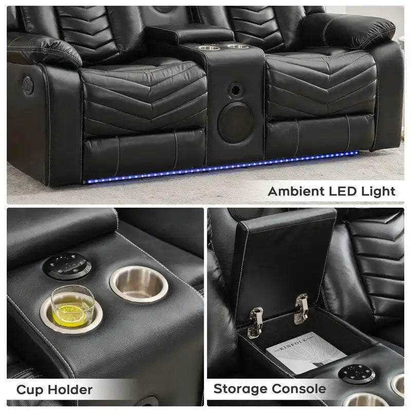 Ensemble de canapés inclinables électriques 6 places avec gravité zéro, haut-parleur de basses, chargeur sans fil, ports USB/Type-C, lumières LED, porte-gobelets, gris