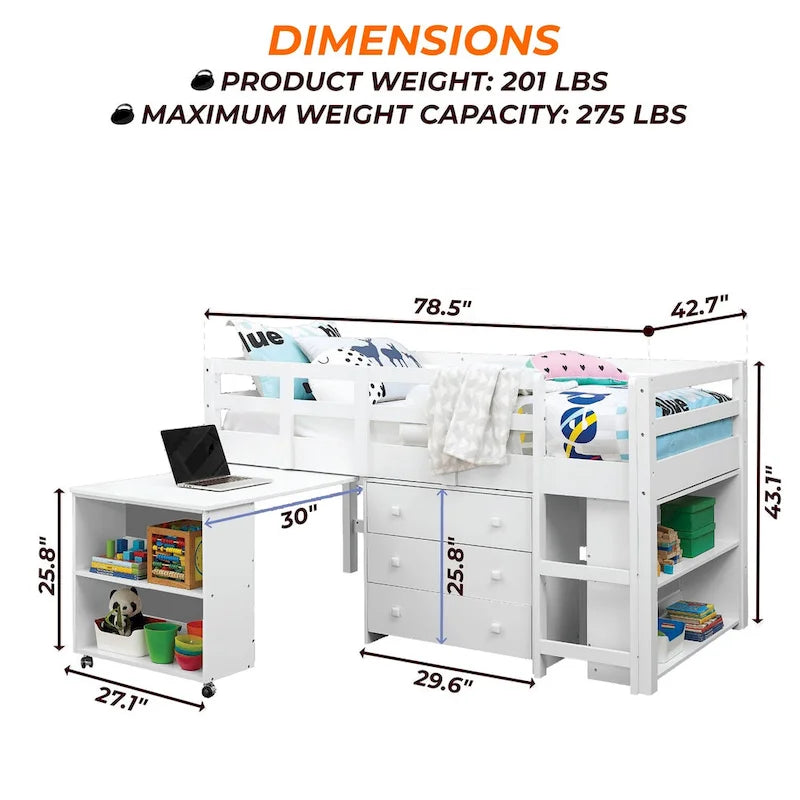 Lit mezzanine simple bas avec bureau et rangement - Lit mezzanine pour enfants en pin avec armoire et espace d'étude