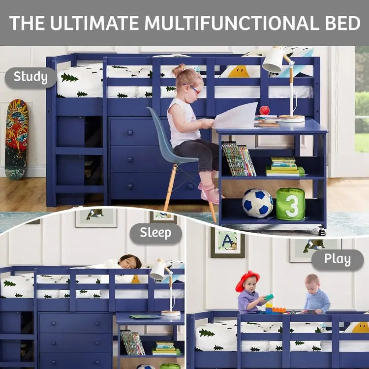 Lit mezzanine simple bas avec bureau et rangement - Lit mezzanine pour enfants en pin avec armoire et espace d'étude
