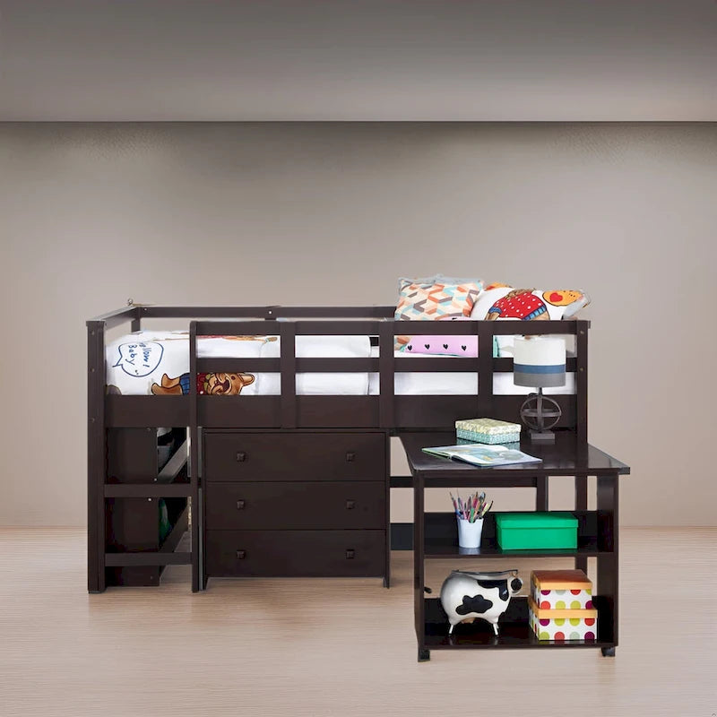 Lit mezzanine simple bas avec bureau et rangement - Lit mezzanine pour enfants en pin avec armoire et espace d'étude