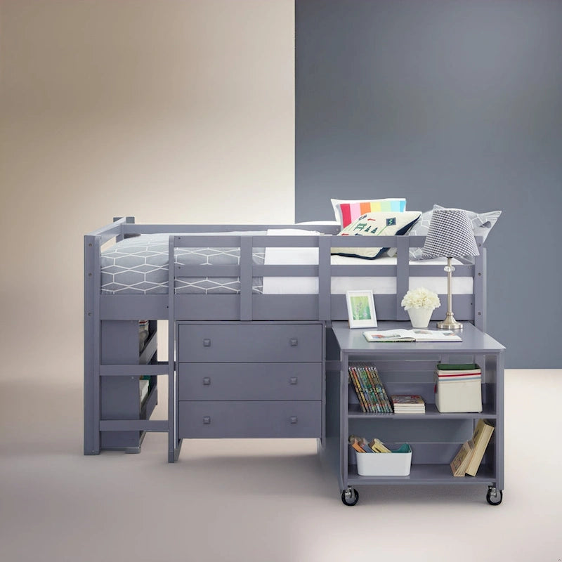 Lit mezzanine simple bas avec bureau et rangement - Lit mezzanine pour enfants en pin avec armoire et espace d'étude