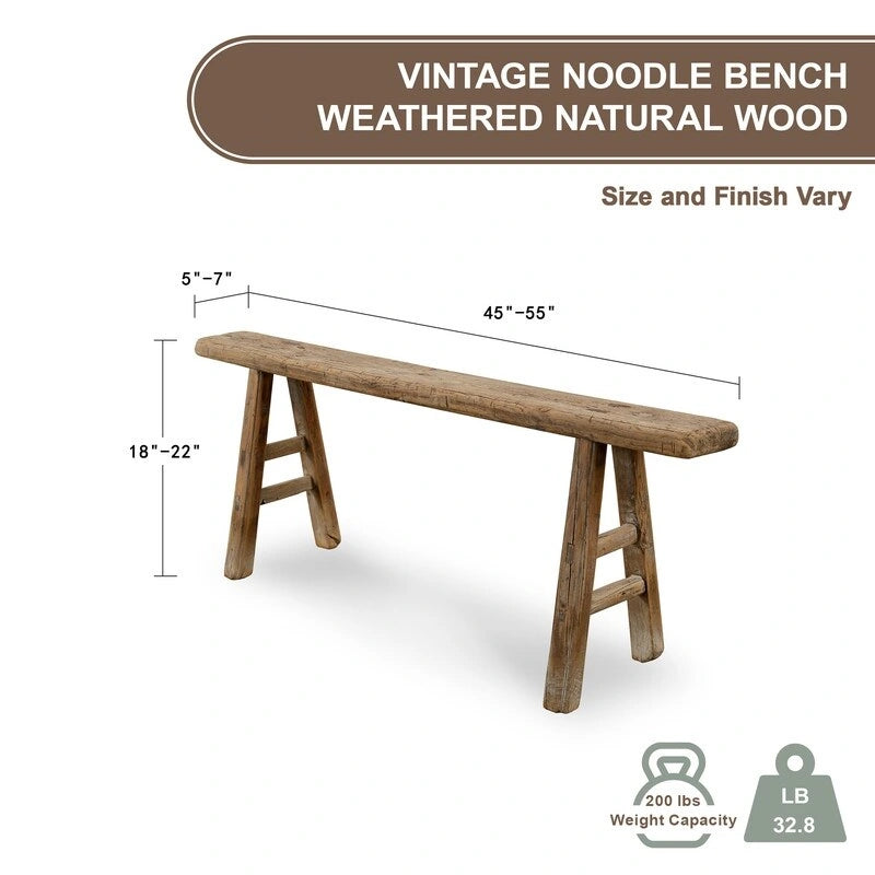 Banc Noodle Vintage Bois Naturel Vieilli (taille et finition variables)