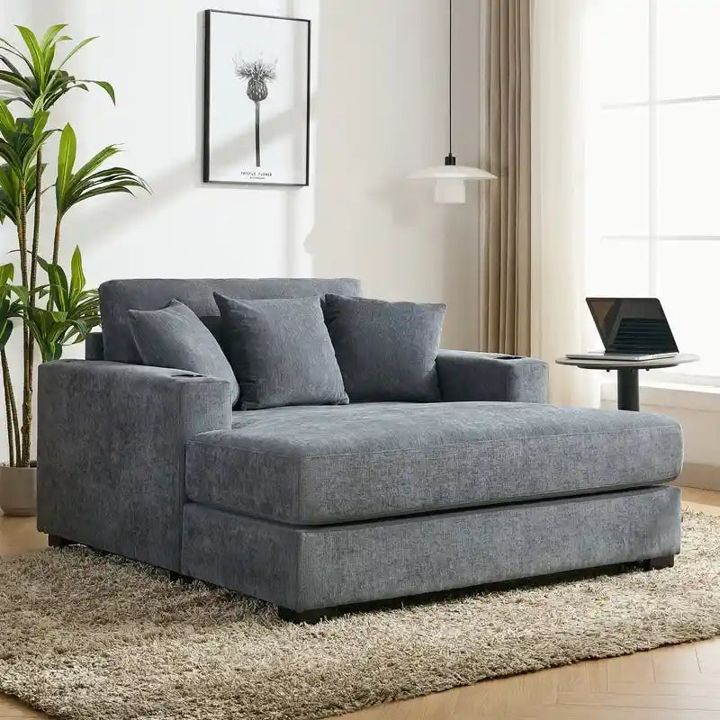 Chaise longue surdimensionnée en tissu chenille, 39,7/43,5/55, avec oreillers, station de charge et porte-gobelets