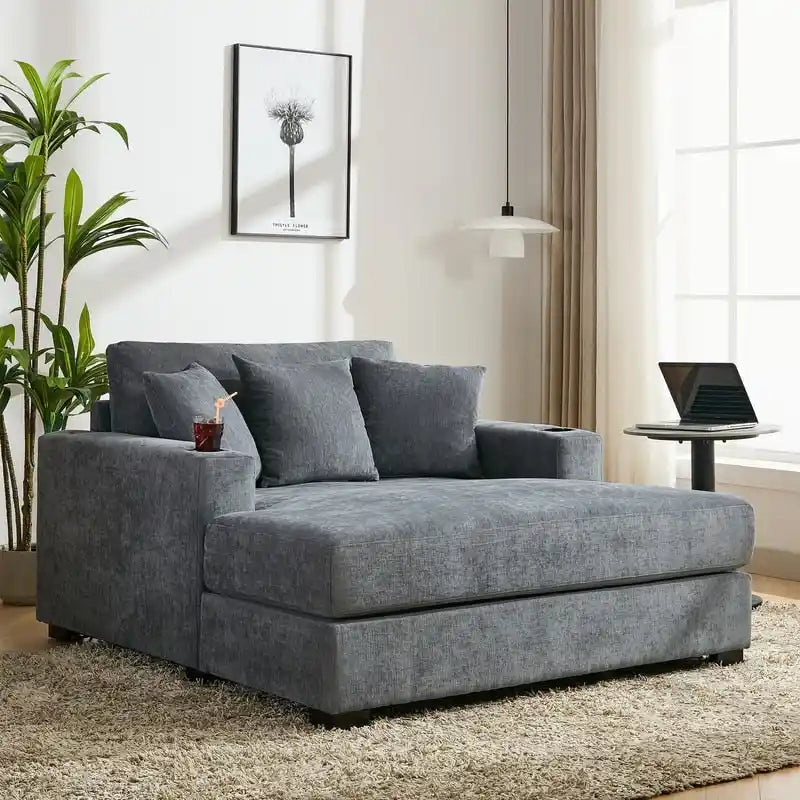 Chaise longue surdimensionnée en tissu chenille, 39,7/43,5/55, avec oreillers, station de charge et porte-gobelets