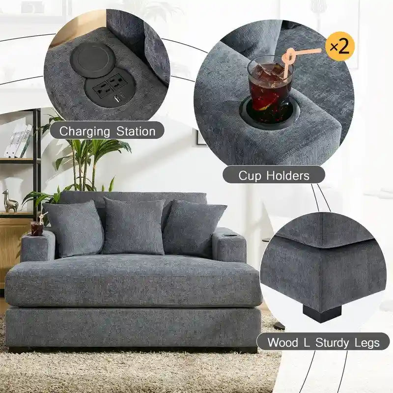Chaise longue surdimensionnée en tissu chenille, 39,7/43,5/55, avec oreillers, station de charge et porte-gobelets