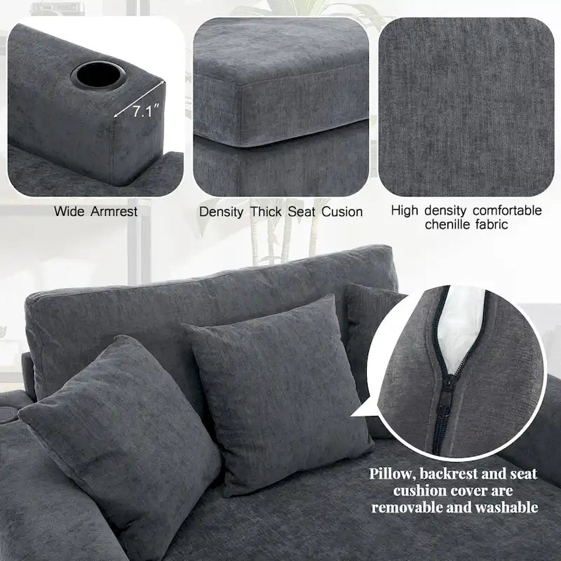 Chaise longue surdimensionnée en tissu chenille, 39,7/43,5/55, avec oreillers, station de charge et porte-gobelets