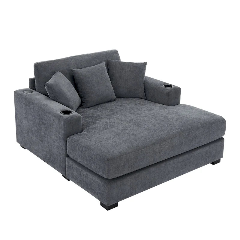 Chaise longue surdimensionnée en tissu chenille, 39,7/43,5/55, avec oreillers, station de charge et porte-gobelets
