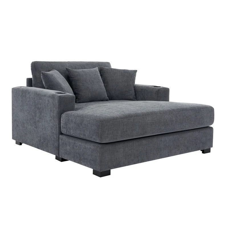 Chaise longue surdimensionnée en tissu chenille, 39,7/43,5/55, avec oreillers, station de charge et porte-gobelets