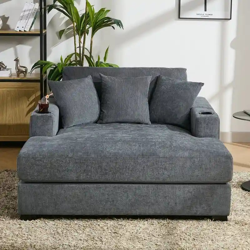 Chaise longue surdimensionnée en tissu chenille, 39,7/43,5/55, avec oreillers, station de charge et porte-gobelets
