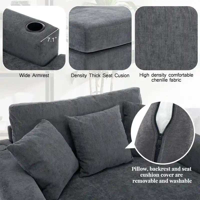 Chaise longue surdimensionnée en tissu chenille, 39,7/43,5/55, avec oreillers, station de charge et porte-gobelets