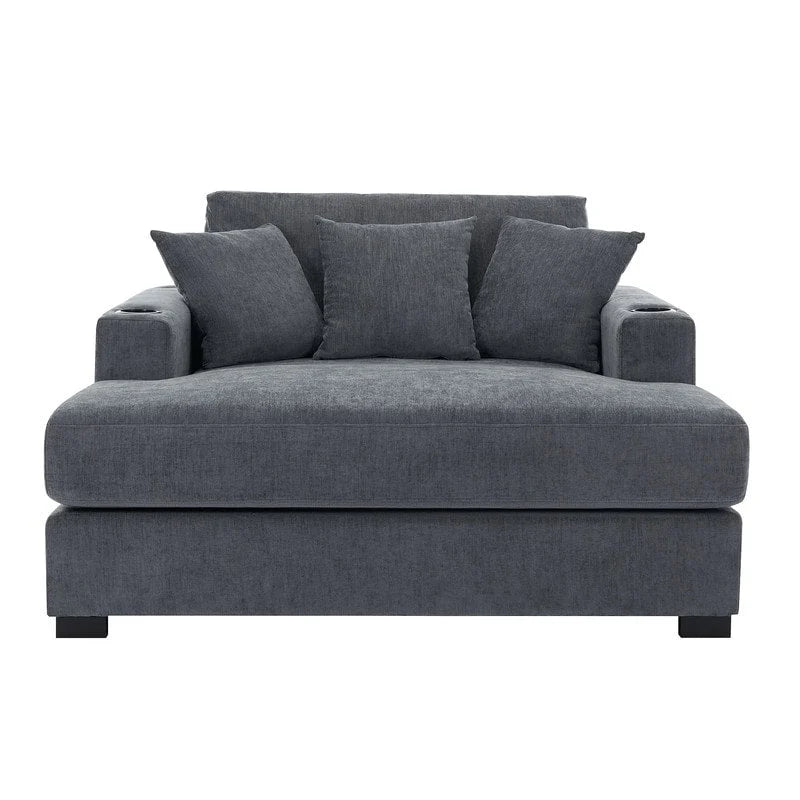 Chaise longue surdimensionnée en tissu chenille, 39,7/43,5/55, avec oreillers, station de charge et porte-gobelets
