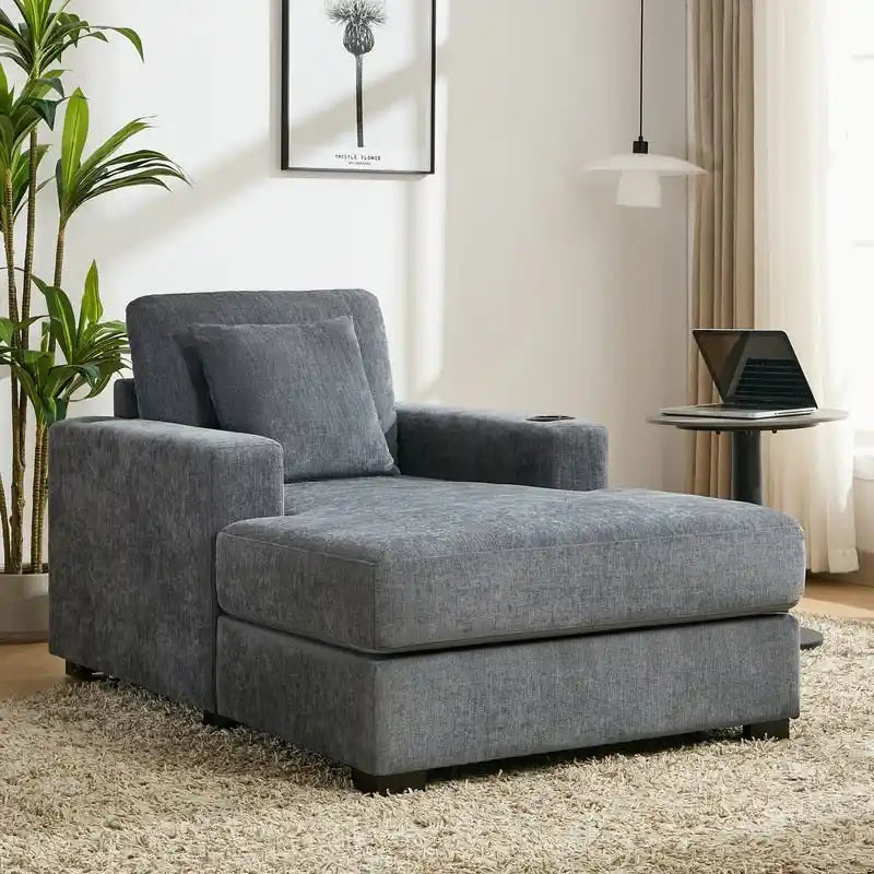 Chaise longue surdimensionnée en tissu chenille, 39,7/43,5/55, avec oreillers, station de charge et porte-gobelets