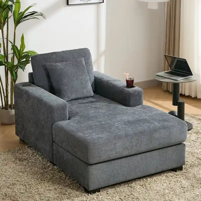 Chaise longue surdimensionnée en tissu chenille, 39,7/43,5/55, avec oreillers, station de charge et porte-gobelets