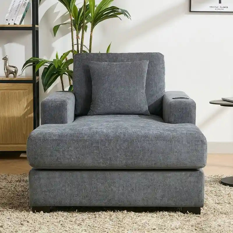 Chaise longue surdimensionnée en tissu chenille, 39,7/43,5/55, avec oreillers, station de charge et porte-gobelets