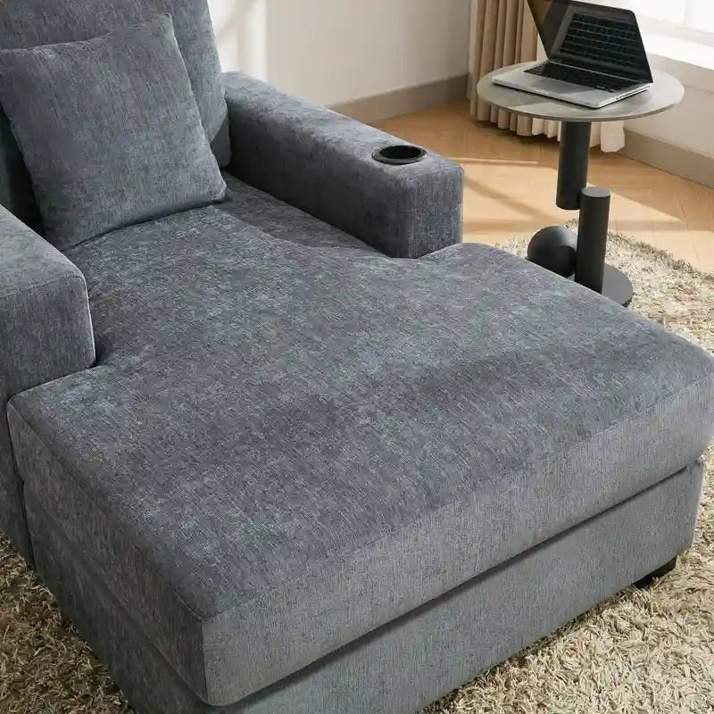 Chaise longue surdimensionnée en tissu chenille, 39,7/43,5/55, avec oreillers, station de charge et porte-gobelets