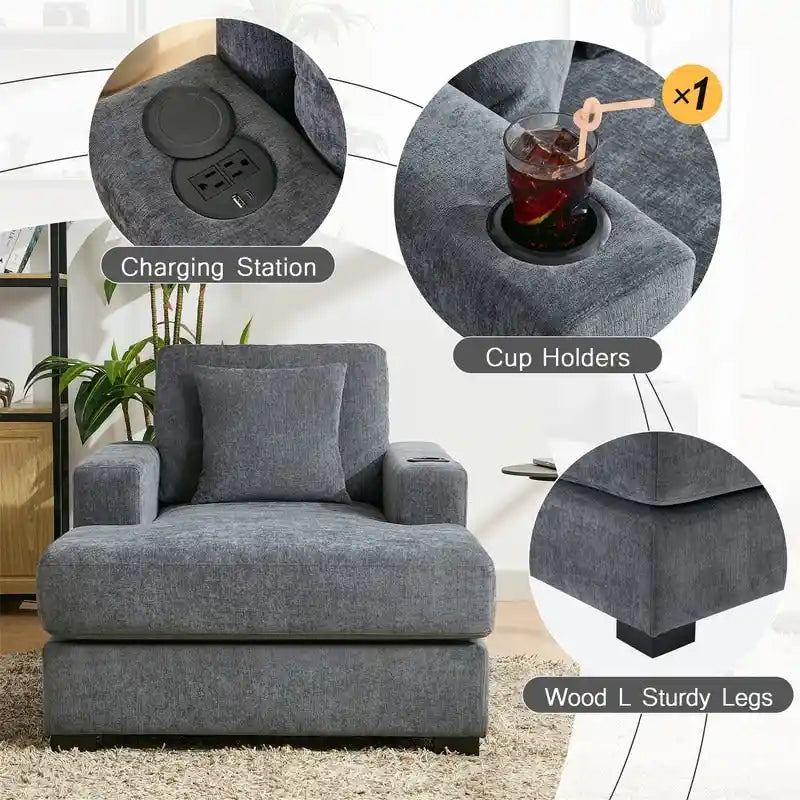 Chaise longue surdimensionnée en tissu chenille, 39,7/43,5/55, avec oreillers, station de charge et porte-gobelets