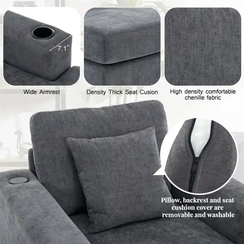 Chaise longue surdimensionnée en tissu chenille, 39,7/43,5/55, avec oreillers, station de charge et porte-gobelets
