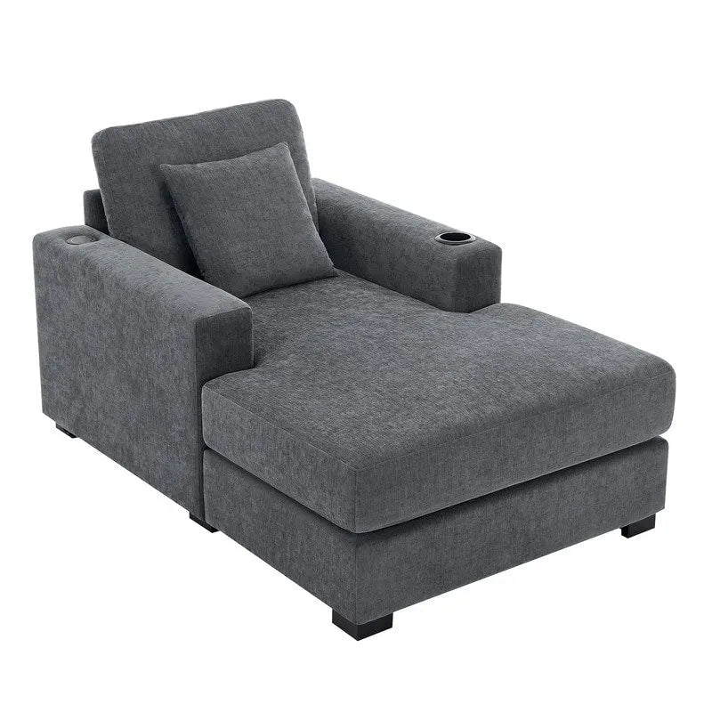 Chaise longue surdimensionnée en tissu chenille, 39,7/43,5/55, avec oreillers, station de charge et porte-gobelets