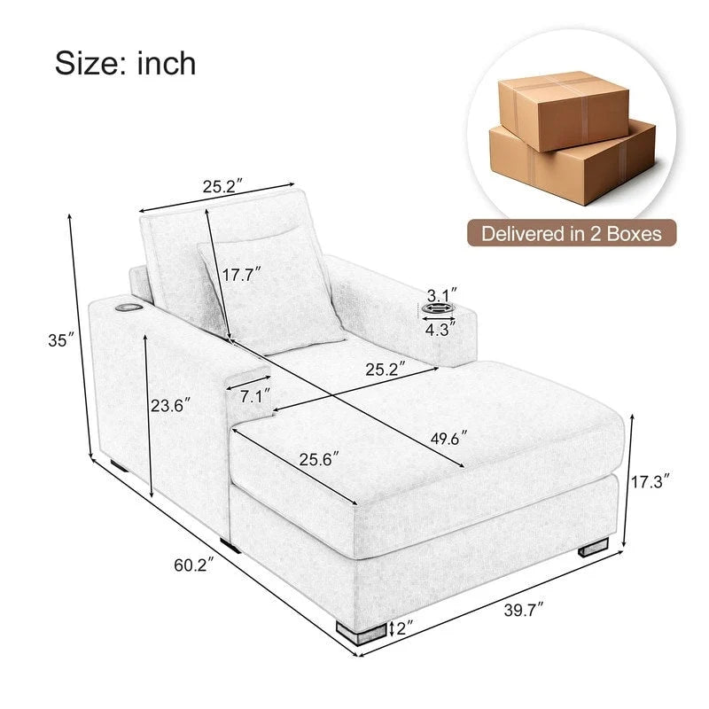 Chaise longue surdimensionnée en tissu chenille, 39,7/43,5/55, avec oreillers, station de charge et porte-gobelets