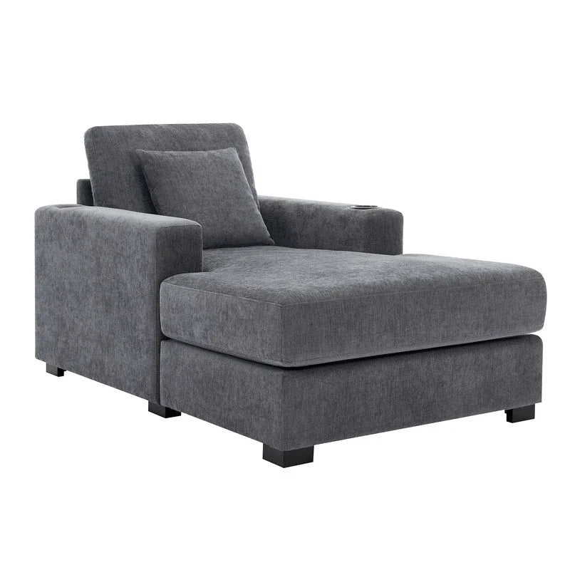 Chaise longue surdimensionnée en tissu chenille, 39,7/43,5/55, avec oreillers, station de charge et porte-gobelets