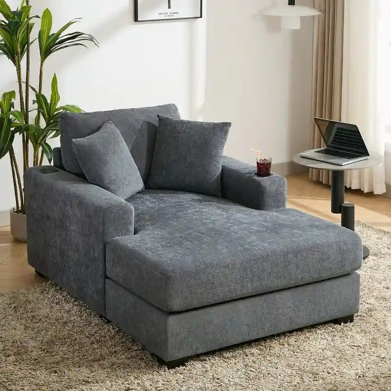 Chaise longue surdimensionnée en tissu chenille, 39,7/43,5/55, avec oreillers, station de charge et porte-gobelets