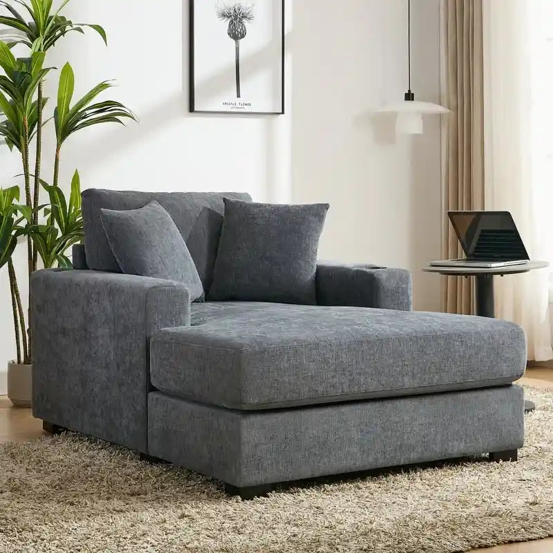 Chaise longue surdimensionnée en tissu chenille, 39,7/43,5/55, avec oreillers, station de charge et porte-gobelets