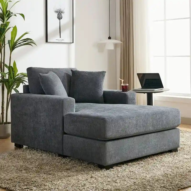 Chaise longue surdimensionnée en tissu chenille, 39,7/43,5/55, avec oreillers, station de charge et porte-gobelets