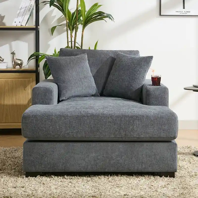 Chaise longue surdimensionnée en tissu chenille, 39,7/43,5/55, avec oreillers, station de charge et porte-gobelets