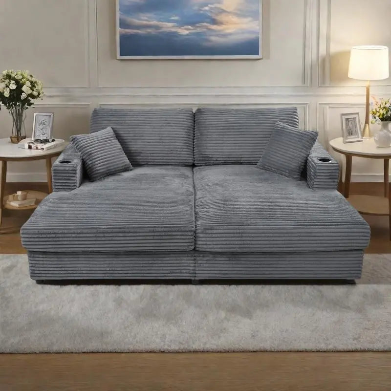 Canapé-lit de chaise longue en velours côtelé de 86,5 po avec ports USB, porte-gobelets et 8 coussins épais