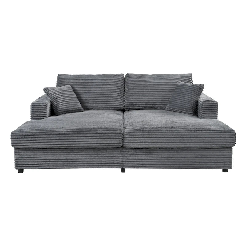 Canapé-lit de chaise longue en velours côtelé de 86,5 po avec ports USB, porte-gobelets et 8 coussins épais