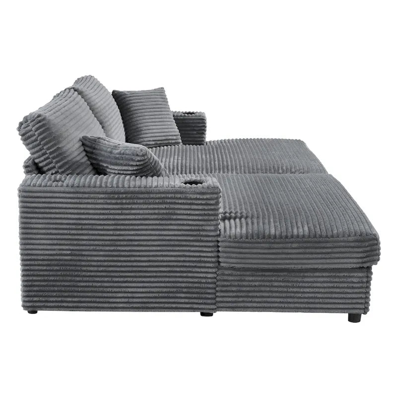 Canapé-lit de chaise longue en velours côtelé de 86,5 po avec ports USB, porte-gobelets et 8 coussins épais