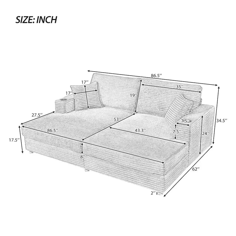 Canapé-lit de chaise longue en velours côtelé de 86,5 po avec ports USB, porte-gobelets et 8 coussins épais