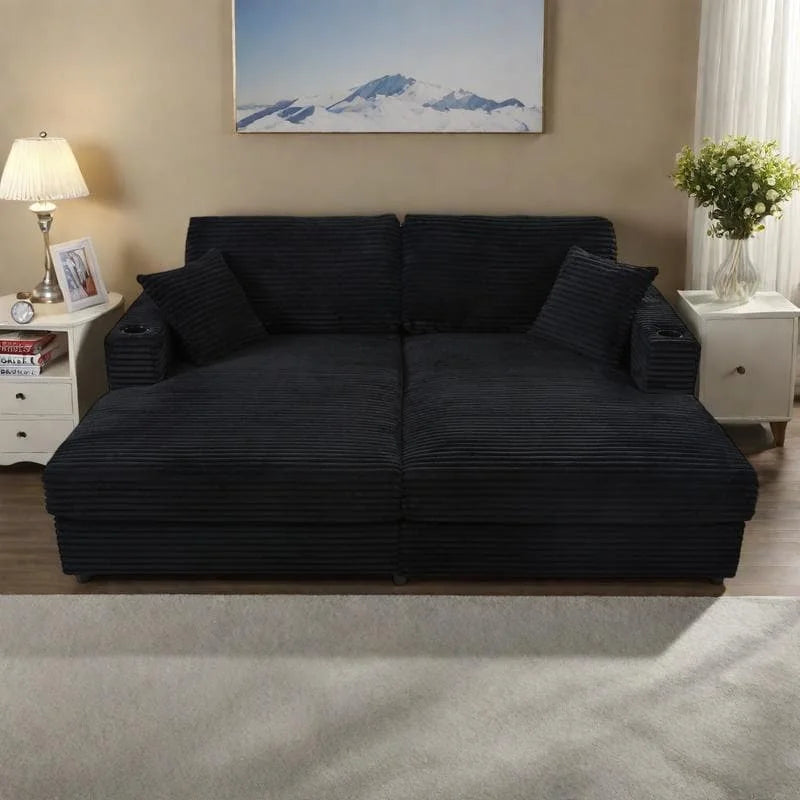 Canapé-lit de chaise longue en velours côtelé de 86,5 po avec ports USB, porte-gobelets et 8 coussins épais