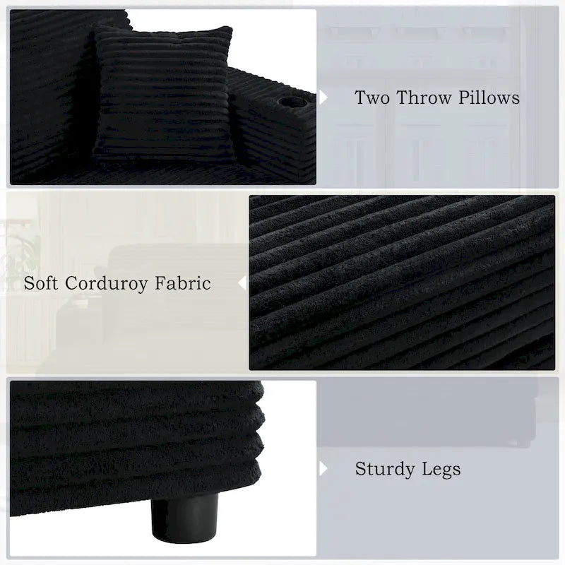 Canapé-lit de chaise longue en velours côtelé de 86,5 po avec ports USB, porte-gobelets et 8 coussins épais