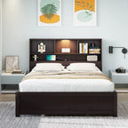 Lit plateforme en bois avec tête de lit bibliothèque, éclairage intégré, station de recharge et 2 tiroirs latéraux