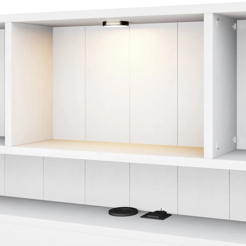 Lit plateforme en bois avec tête de lit bibliothèque, éclairage intégré, station de recharge et 2 tiroirs latéraux