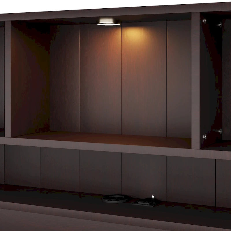 Lit plateforme en bois avec tête de lit bibliothèque, éclairage intégré, station de recharge et 2 tiroirs latéraux
