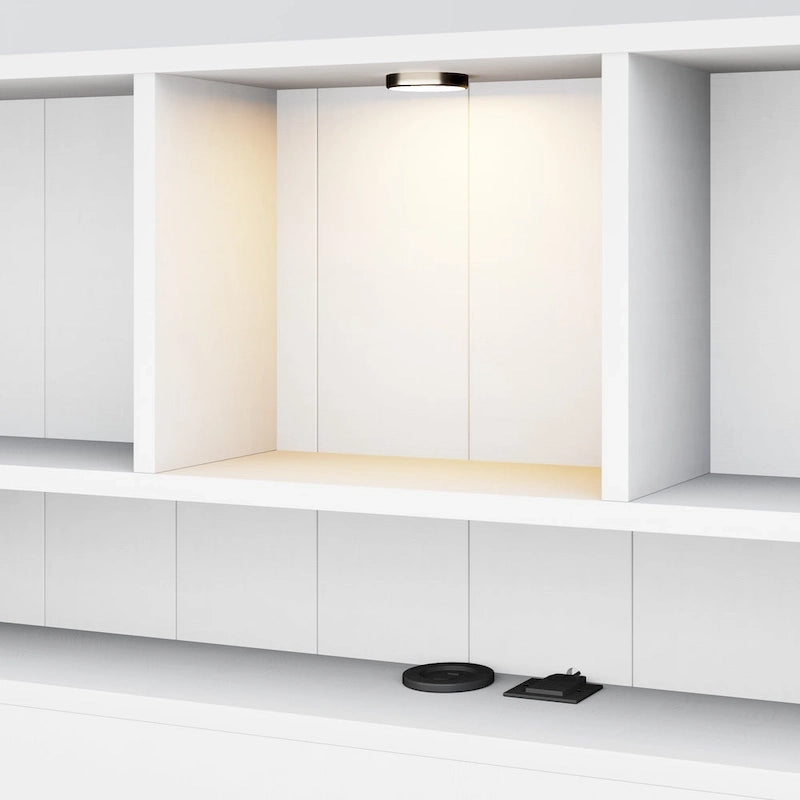 Lit plateforme en bois avec tête de lit bibliothèque, éclairage intégré, station de recharge et 2 tiroirs latéraux