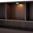 Lit plateforme en bois avec tête de lit bibliothèque, éclairage intégré, station de recharge et 2 tiroirs latéraux