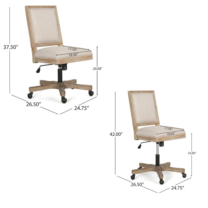 Chaise de bureau pivotante à roulettes, tissu beige, bois clair vieilli