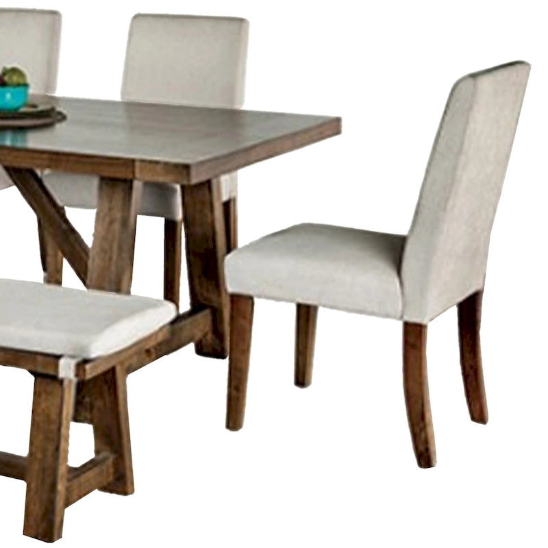 Jule, ensemble de salle à manger 7 pièces, table rectangulaire marron, chaises, banc avec assise blanche