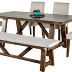 Jule, ensemble de salle à manger 7 pièces, table rectangulaire marron, chaises, banc avec assise blanche