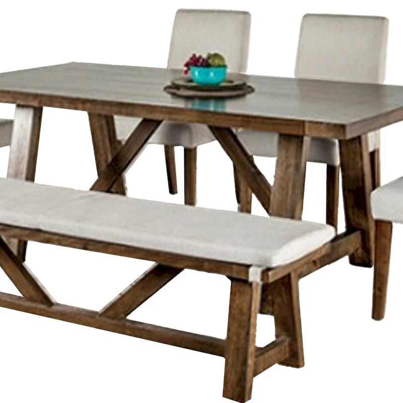 Jule, ensemble de salle à manger 7 pièces, table rectangulaire marron, chaises, banc avec assise blanche