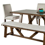 Jule, ensemble de salle à manger 7 pièces, table rectangulaire marron, chaises, banc avec assise blanche