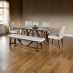 Jule, ensemble de salle à manger 7 pièces, table rectangulaire marron, chaises, banc avec assise blanche
