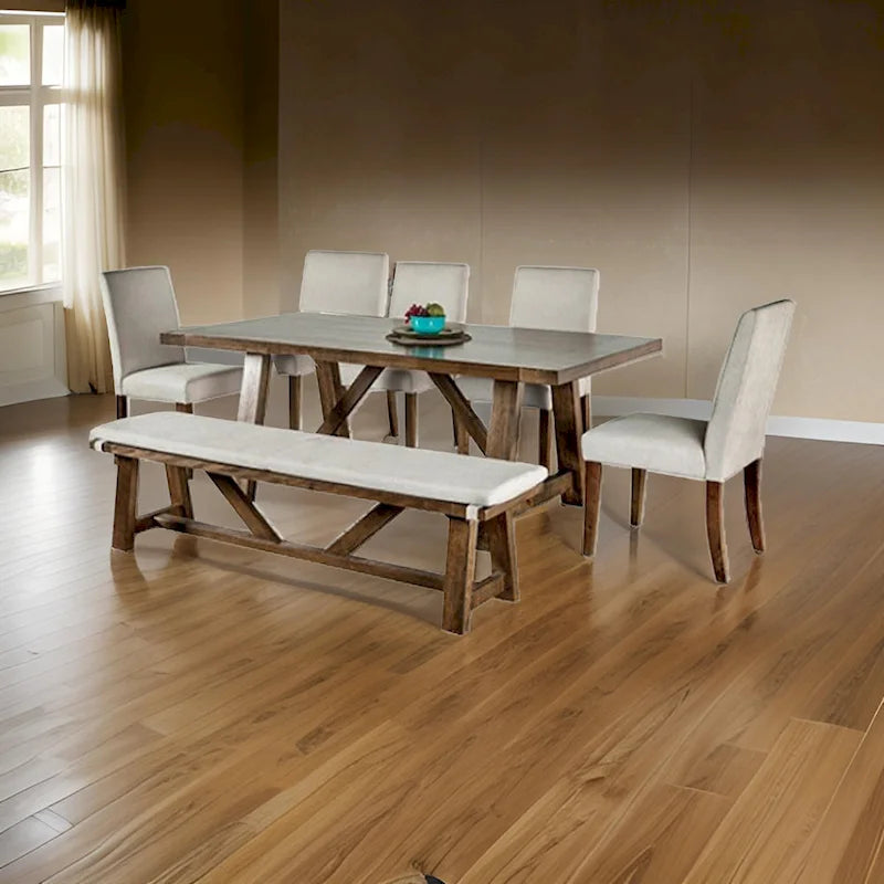 Jule, ensemble de salle à manger 7 pièces, table rectangulaire marron, chaises, banc avec assise blanche