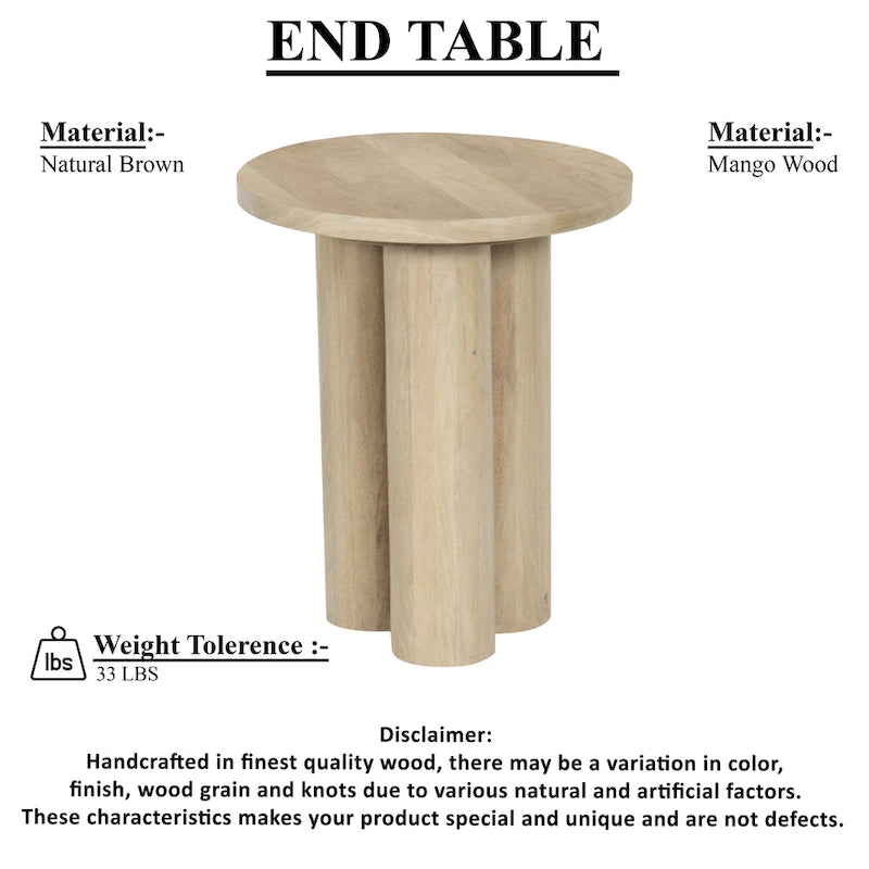Table d'appoint Hazel avec 3 pieds piliers, bois de manguier brun naturel fait à la main, plateau rond de 45 cm
