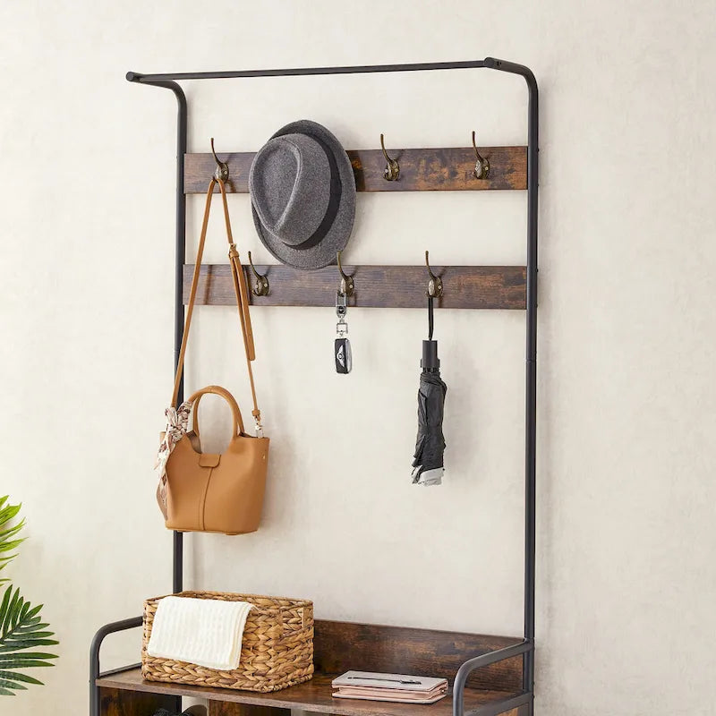 Meuble d'entrée 3 en 1 en bois marron antique avec porte-manteau et 7 crochets