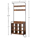 Meuble d'entrée 3 en 1 en bois marron antique avec porte-manteau et 7 crochets
